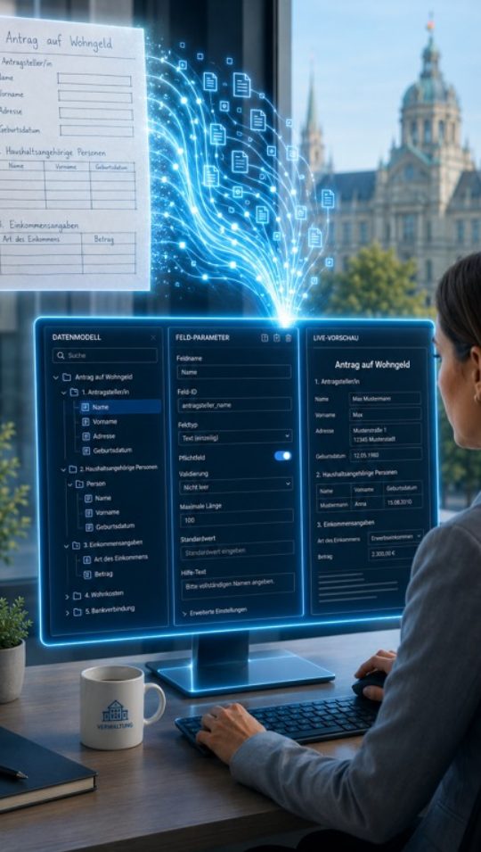 Illustration: Aus einem Papierformular entsteht am Bildschirm ein digitaler Antrag