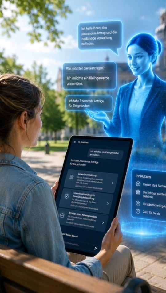 Illustration: Eine Bürgerin beschreibt ihr Anliegen auf dem Tablet und wird zur passenden Leistung geführt