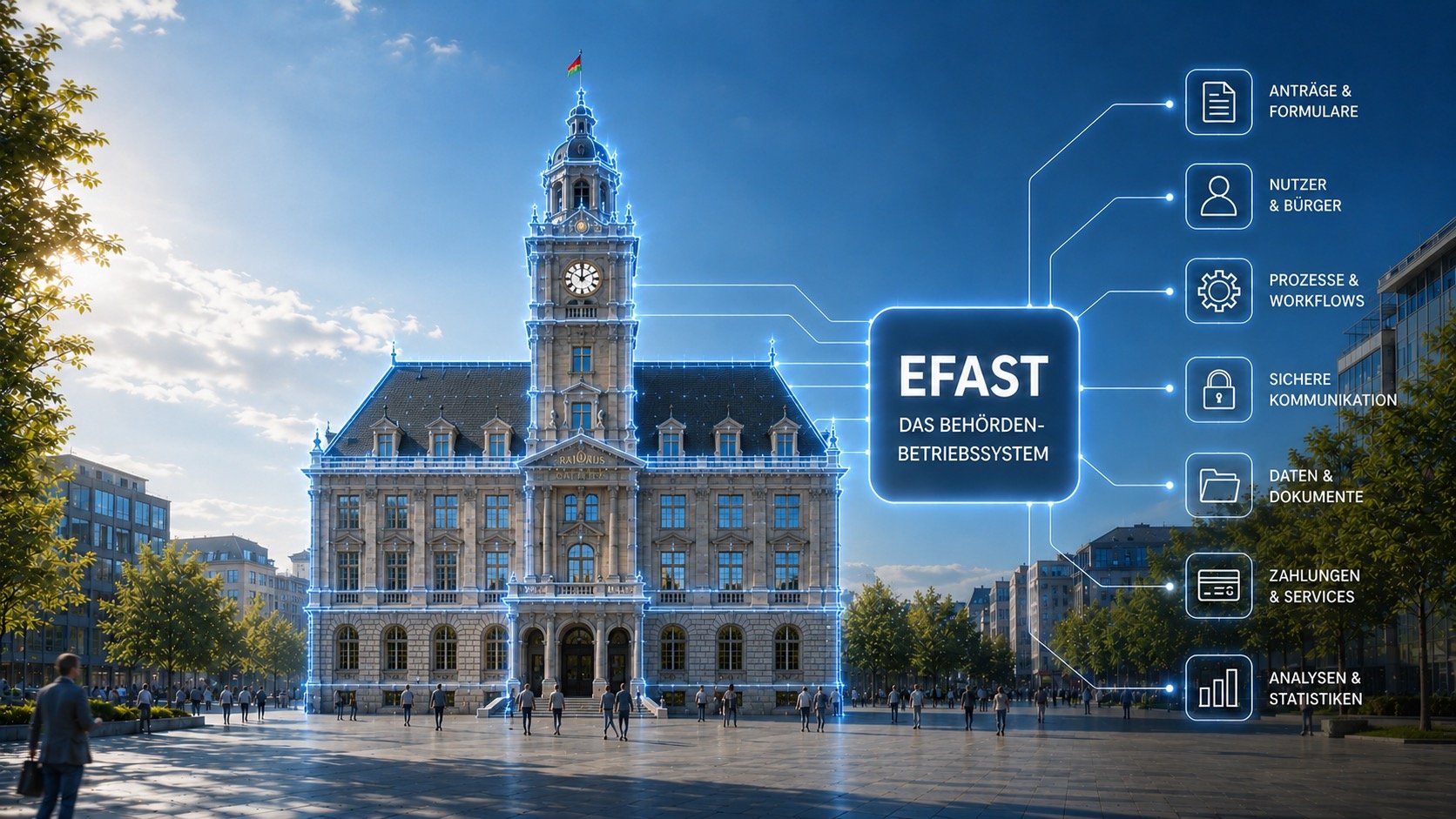 Key Visual: Rathaus mit den EFAST-Bereichen Anträge und Formulare, Nutzer und Bürger, Prozesse und Workflows, sichere Kommunikation, Daten und Dokumente, Zahlungen und Services, Analysen und Statistiken