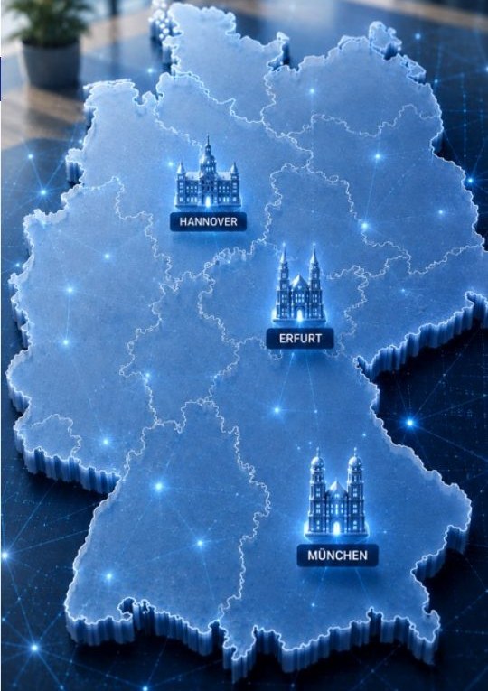 Illustration: Deutschlandkarte mit den EFAST-Standorten Hannover, Erfurt und München